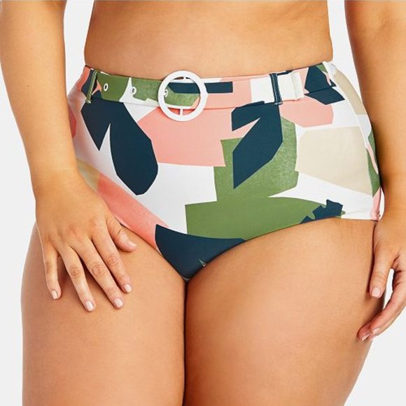 Raisins Bikini Bottoms 16W High Waist Belted Tropical Palm Geo Print Swim White - Picture 1 of 9